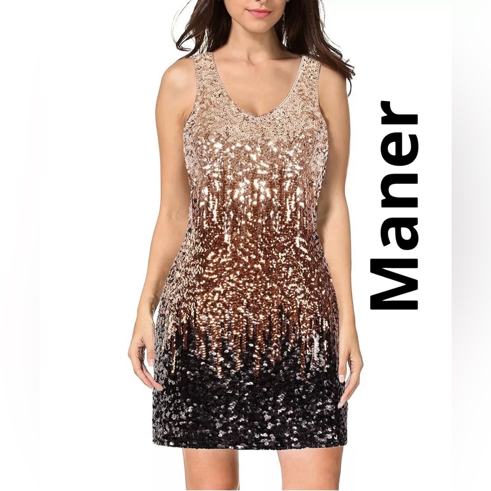 MANER Women's Sequin Dress Sparkly Glitter V-Neck Sleeveless. Size Medium New!
